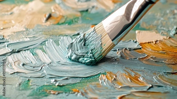 Fototapeta Creative process captured with paintbrush blending colors on canvas in an art studio