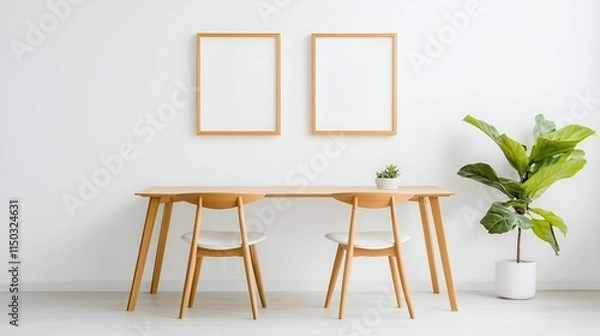 Fototapeta Wall art mockup interior concept. Minimalist dining area with empty frames and a potted plant by a light wall.