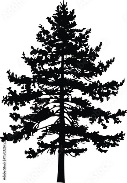 Fototapeta Black Vector Silhouette of a Full Pine Tree on a Pure White Background, Perfect for Nature and Minimalist Themes