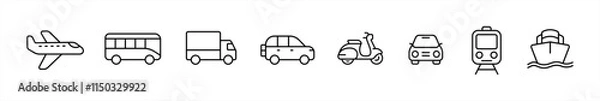 Obraz Public Transportation icon set in line style. Airplanes, buses, trucks, cars, motorbikes, taxis, trains, ships symbol. Transport simple black sign for apps and website, vector illustration.	