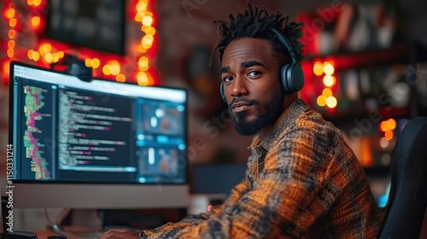 Obraz A web designer works from home, programming and ensuring cybersecurity for a startup; he writes code for a website or app, using headphones and the internet
