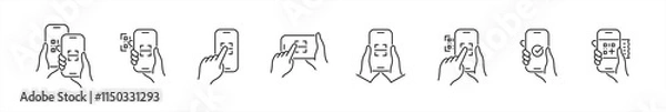 Obraz QR code scanning icons set. Hand holding Mobile phone symbol. Simple line icon style, barcode scanner for pay, web, mobile app signs. Digital barcode, website, link, quick, modern vector illustration