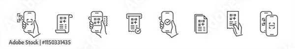 Obraz Receipt QR code icons set. Scanning code process symbol. Cashless mobile payment signs. payment, shopping, secure, money, barcode, purchase code scanning, mobile phone scanner vector illustration