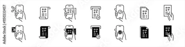 Obraz Receipt QR code icons set. Scanning code process symbol. Cashless mobile payment signs. payment, shopping, secure, money, barcode, purchase code scanning, mobile phone scanner vector illustration