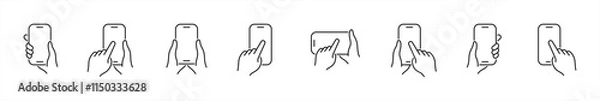 Obraz Hands holding mobile phone line icons set. Smartphone held by two hands symbol. Finger touching blank screen signs. Hand holding a smartphone flat vector illustration