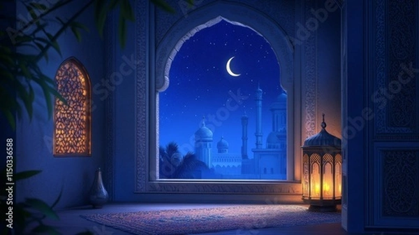 Fototapeta Mosque window at night and eid mubarak greeting near crescent and lantern. Ramadan kareem or Eid ul Fitr, ul Adha card background with fanous and moon