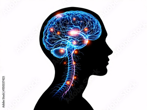 Fototapeta Silhouette of a human head with an illuminated brain and neural network, depicting cognitive activity.