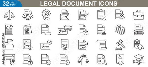 Fototapeta Legal document line icons set. Contract, agreement, law, signature, notary, legal brief, court, compliance, terms conditions and more. vector illustration