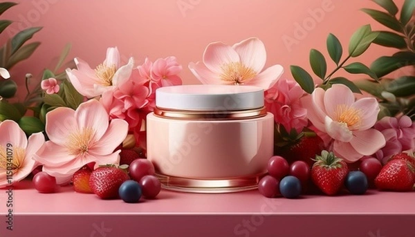 Fototapeta Generated image Cosmetic cream jar mockup, flower fruits pink painting background, 3d ads banner for beauty 