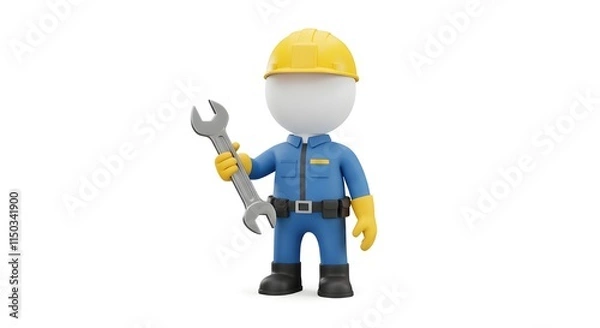 Obraz "3D Cartoon Construction Worker with Hard Hat and Wrench: Industrial Maintenance Icon for Workplace Safety"