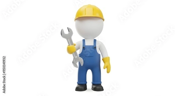 Obraz "3D Cartoon Construction Worker with Hard Hat and Wrench: Industrial Maintenance Icon for Workplace Safety"