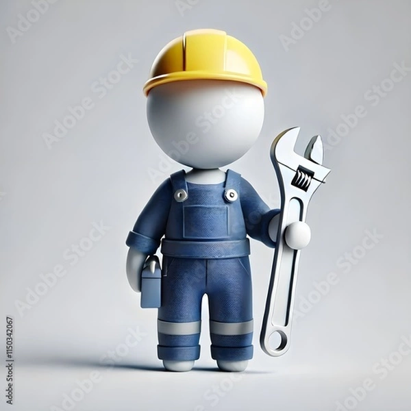 Obraz "3D Cartoon Construction Worker with Hard Hat and Wrench: Industrial Maintenance Icon for Workplace Safety"
