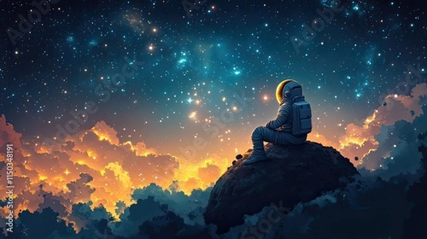 Fototapeta An astronaut on a rocky planet with stars in the background represents space exploration, adventure, and the vastness of the cosmos