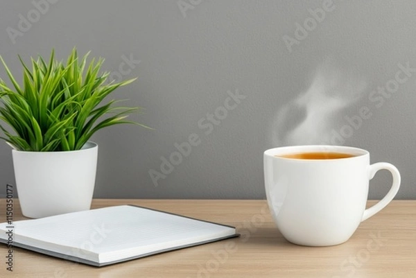 Fototapeta A serene photo of a journal open to a gratitude and goals page, placed on a wooden desk with a steaming cup of tea