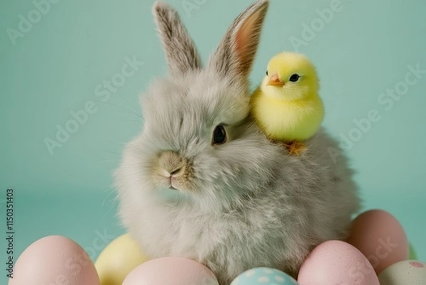 Obraz Fluffy Bunny with Cute Chick Amid Colorful Eggs
