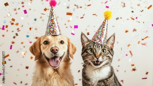 Fototapeta Happy dog and cat together celebrating New Year's Eve wearing party hats with confetti falling. Website header with room 