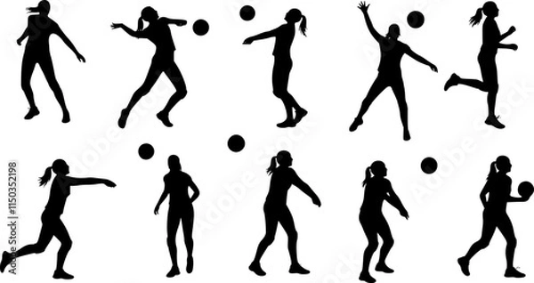 Fototapeta set of volleyball woman player silhouette on white background.  vector illustration design.