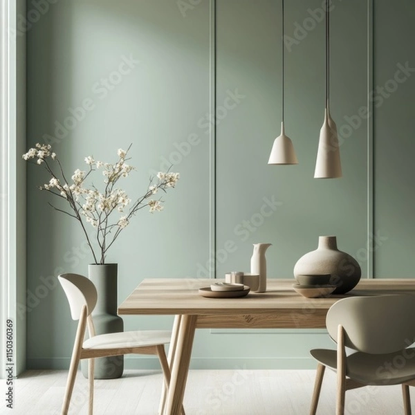 Fototapeta Modern Minimalist Dining Room With Soft Color Palette and Natural Elements in a Serene Home Setting