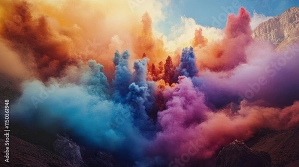 Fototapeta Colorful Smoke Billowing and Swirling in a Mountainous Landscape at Sunset, Creating a Stunning Display of Vibrant Hues in the Sky