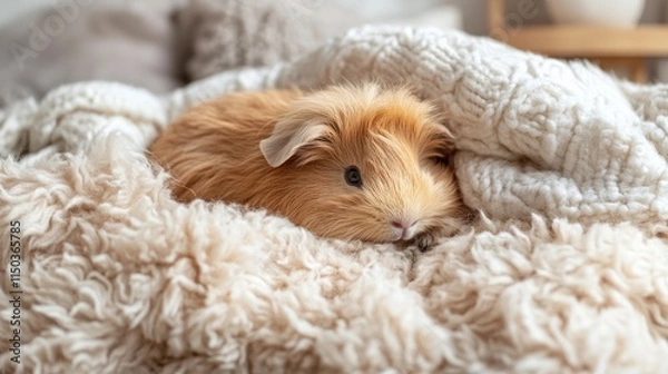 Fototapeta A cozy guinea pig resting on a fluffy blanket, creating a warm and inviting atmosphere.