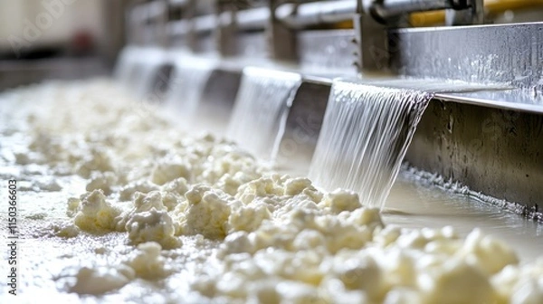 Obraz Curds and whey flowing in a dairy processing facility.
