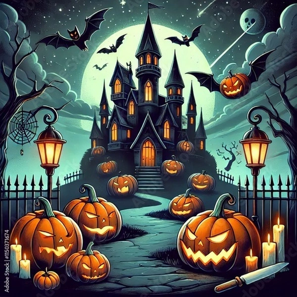 Fototapeta Haunted Halloween Artwork with Pumpkins and a Castle - Dark, Kid-Friendly Cartoon Style, High-Quality Image. Created with generative AI technology
