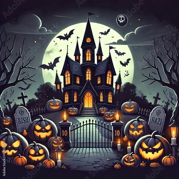 Fototapeta Haunted Halloween Artwork with Pumpkins and a Castle - Dark, Kid-Friendly Cartoon Style, High-Quality Image. Created with generative AI technology