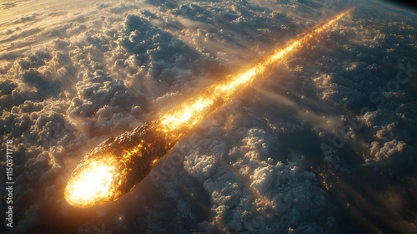 Fototapeta Fiery meteor blazing through Earth's atmosphere, leaving a glowing trail amidst clouds.