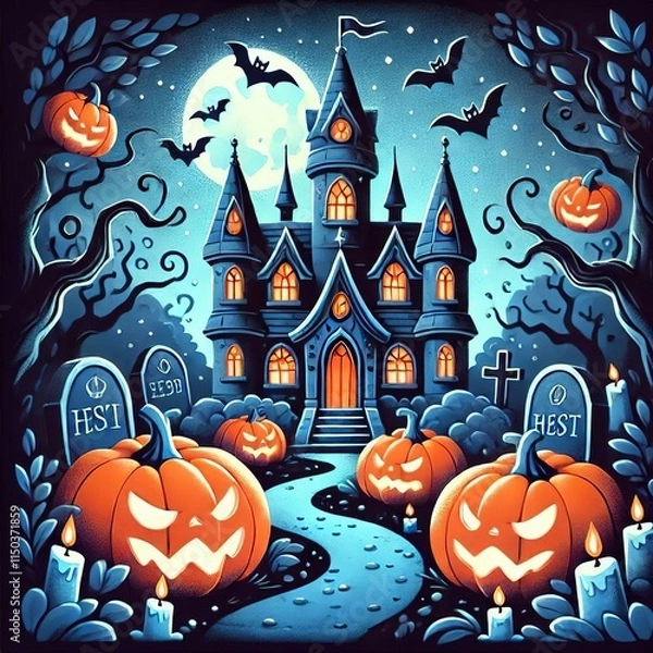 Fototapeta Haunted Halloween Artwork with Pumpkins and a Castle - Dark, Kid-Friendly Cartoon Style, High-Quality Image. Created with generative AI technology