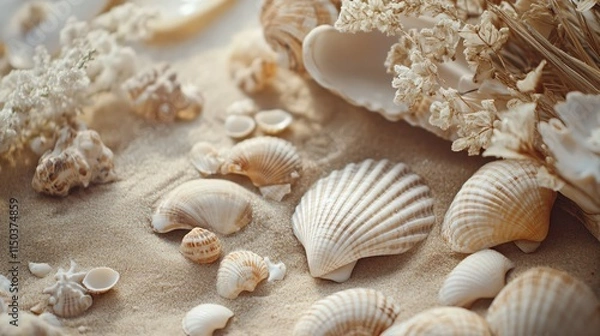 Fototapeta Collection of Beautiful Shells and Dried Flowers on a Sandy Beach Surface