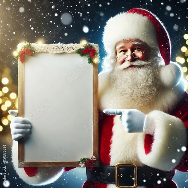 Fototapeta Santa Claus Pointing to Empty Billboard with Snowfall and Bokeh Lights in the Background. Created with generative AI technology