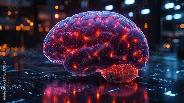 Fototapeta Brain with neon circuit board, representing data technology, geometric programming, cybersecurity, future engineering, neuro learning, AI research, thinking patterns, and Alzheimer's study