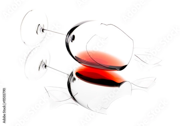 Fototapeta Glass of wine, broken on the mirror. Isolated on white