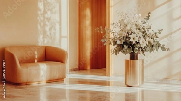 Fototapeta A contemporary office lobby with a tall floral arrangement of lilies and eucalyptus leaves, placed in a large, clear vase, offering a welcoming ambiance.