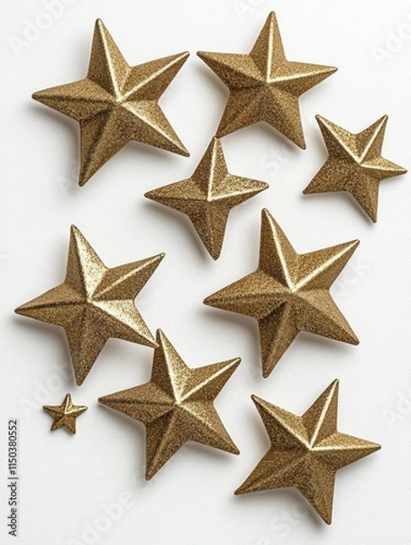 Fototapeta A photostock of bright metallic golden stars arranged symmetrically, isolated on a clean white background, shiny and festive, High Quality