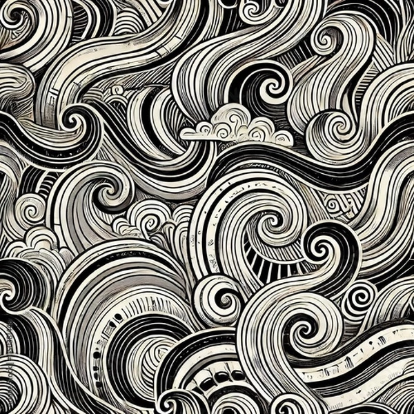 Fototapeta Wavy and curving brushstroke seamless vector design. Bold twists and squiggly motifs in a continuous horizontal banner. Monochrome doodle-inspired wallpaper. Created with generative AI technology