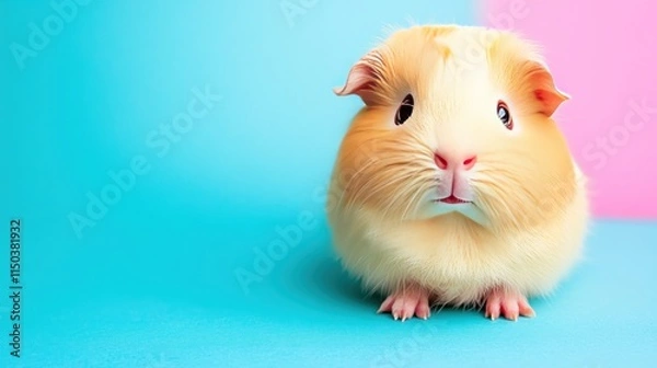 Obraz A cute guinea pig on a colorful background, showcasing its fluffy fur and expressive face.