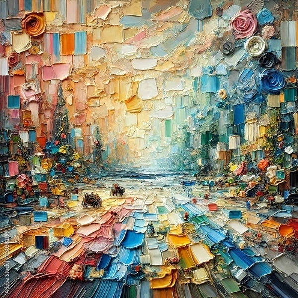 Fototapeta Zoomed-in view of vibrant textured abstract painting, featuring bold oil strokes and palette knife work on canvas. Created with generative AI technology