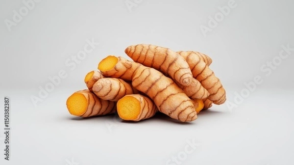 Obraz Fresh Turmeric Roots on Neutral Background for Culinary Use