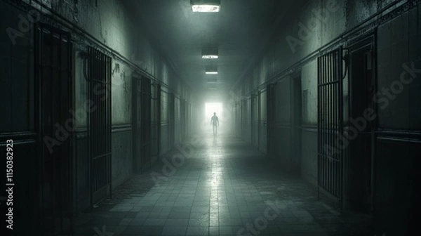Fototapeta Exploring the eerie prison hall shrouded in mist, open door beckoning towards unknown destiny