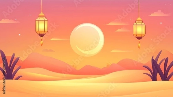 Fototapeta ramadan eid mubarak simple minimalist background. shinny crescent moon and hanging lantern in sky at sunset time