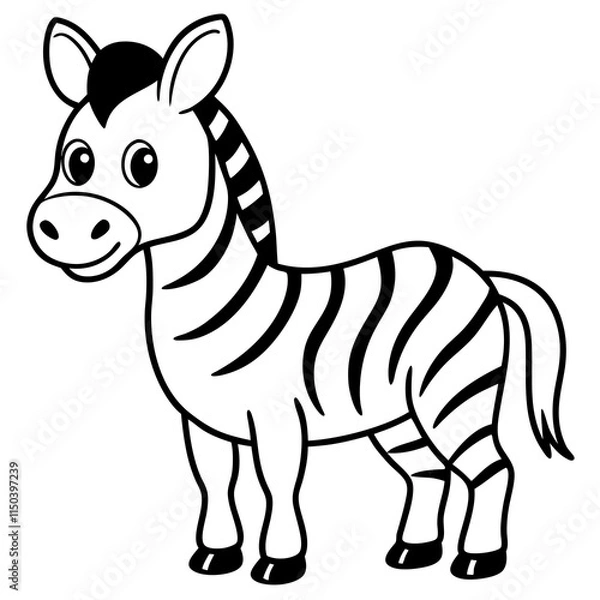 Fototapeta A happy zebra standing in a grassy field line art illustration