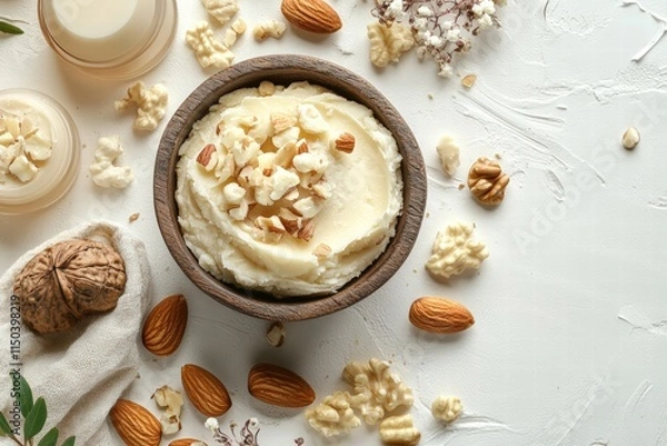 Fototapeta flat lay composition featuring rich, creamy shea butter in a rustic bowl, surrounded by an assortment of nuts