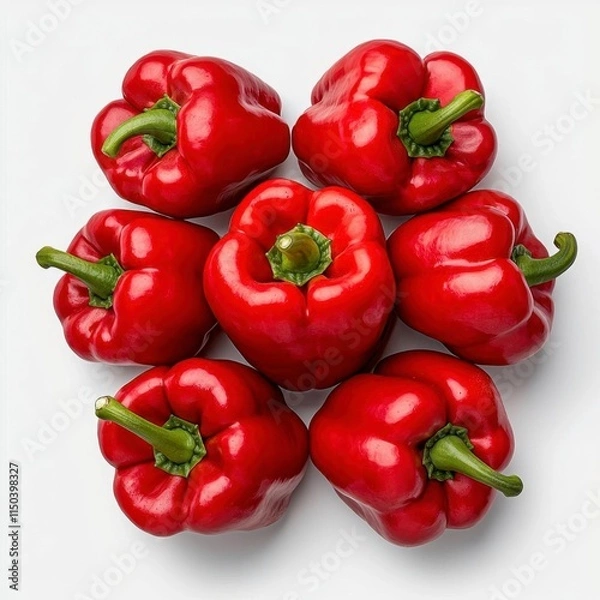 Fototapeta A photostock of fresh red bell peppers with glossy skin, bright and vibrant, arranged symmetrically, isolated on a clean white background, High Quality