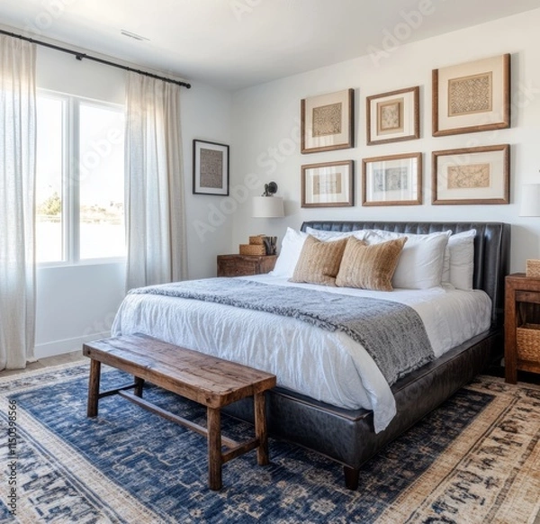 Fototapeta Elegant and Modern Bedroom Design Featuring a Plush Bed, Large Windows, and Stylish Decor in a Bright, Airy Space