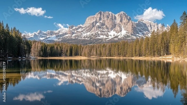 Fototapeta 

Scenic reflection of a snow-capped mountain in a tranquil Canadian lake, with a vibrant green forest in the foreground