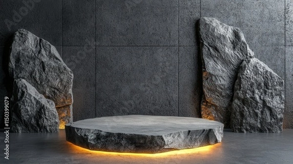 Fototapeta A stone slab podium placed in front of a textured concrete wall, illuminated by moody directional lighting