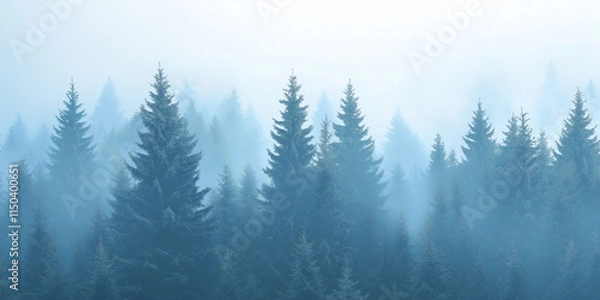 Obraz A serene, abstract minimalist background featuring misty snow-covered evergreen trees in a soft blue hue