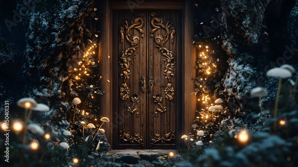 Fototapeta A grand wooden door with intricate carvings of magical creatures surrounded by softly glowing mushrooms.