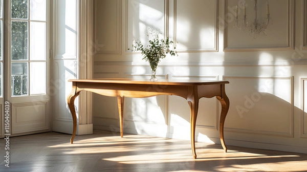 Fototapeta A linden wood table with curved legs displayed in a classic drawing room photographed in soft diffused light.